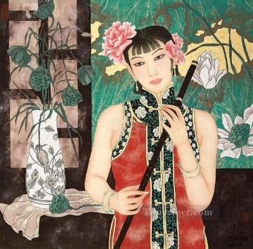 dama y loto chino tradicional Pinturas al óleo